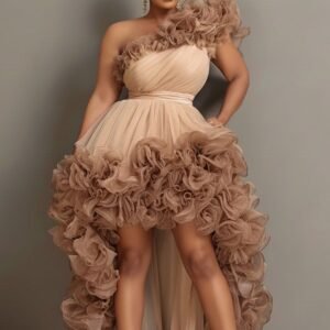 Robe asymétrique en tulle à volants-couleur champagne